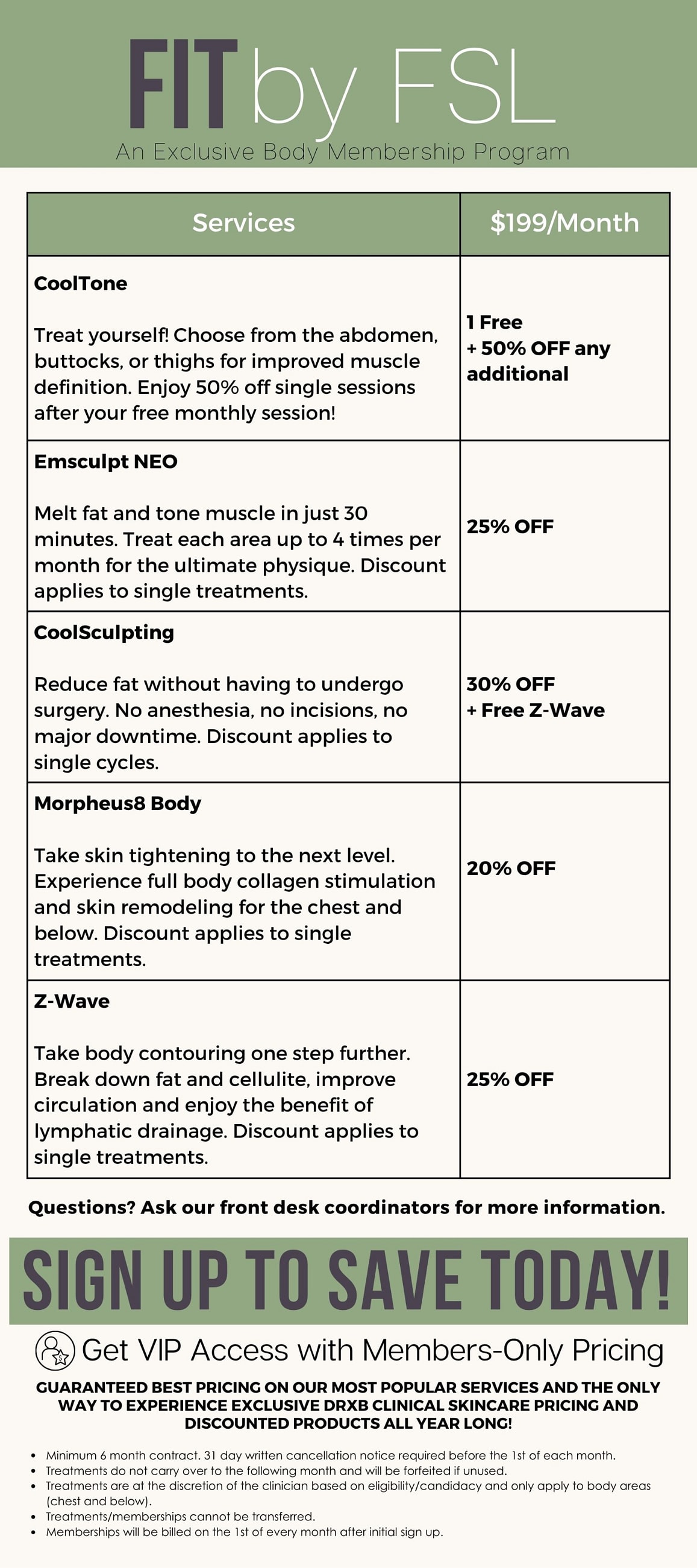 Body membership services and discounts summary.