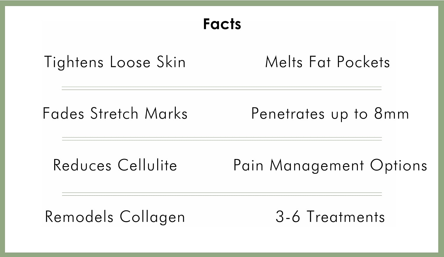 Skin treatment benefits and options summary.