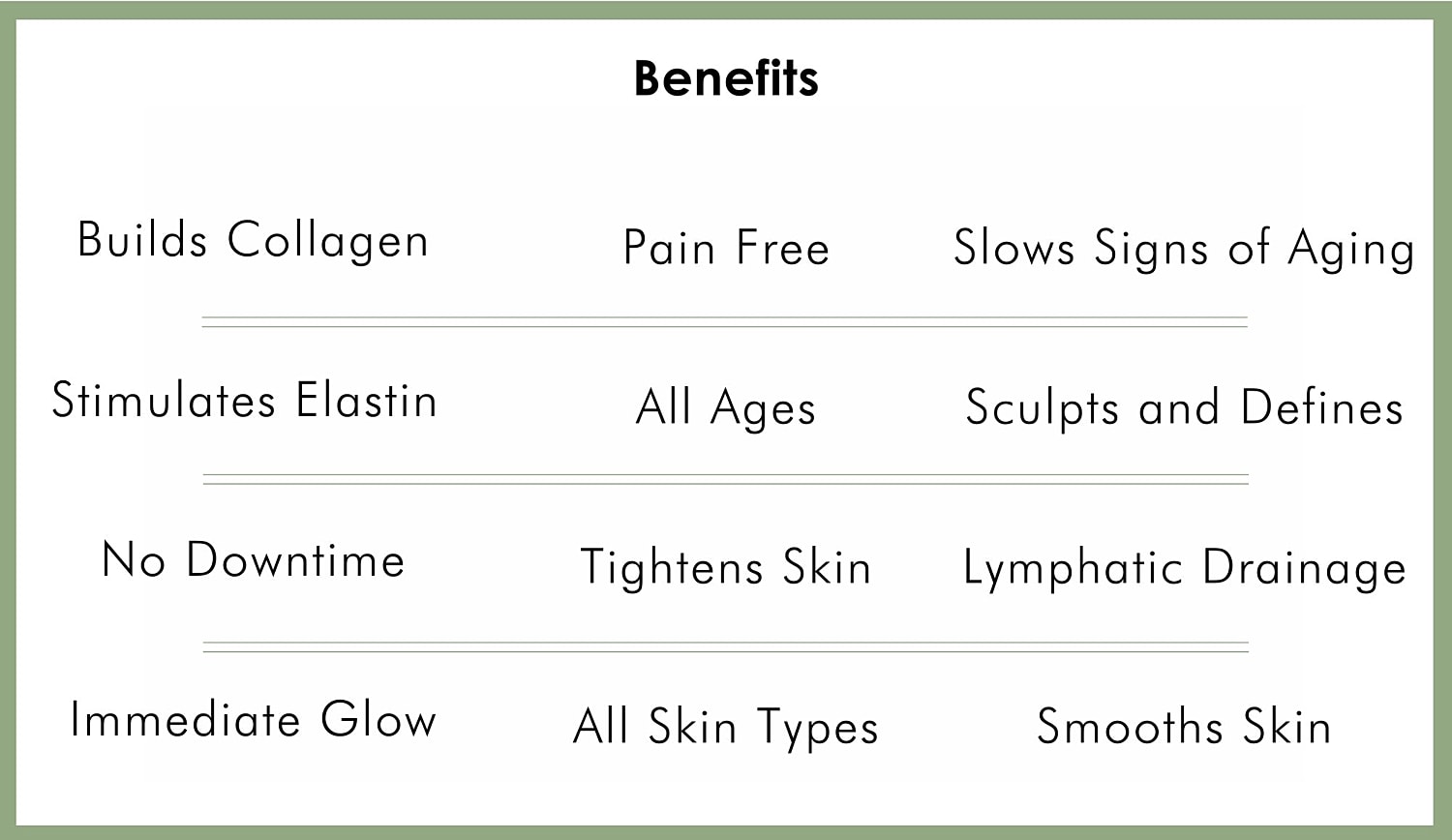 List of skincare benefits and treatments.